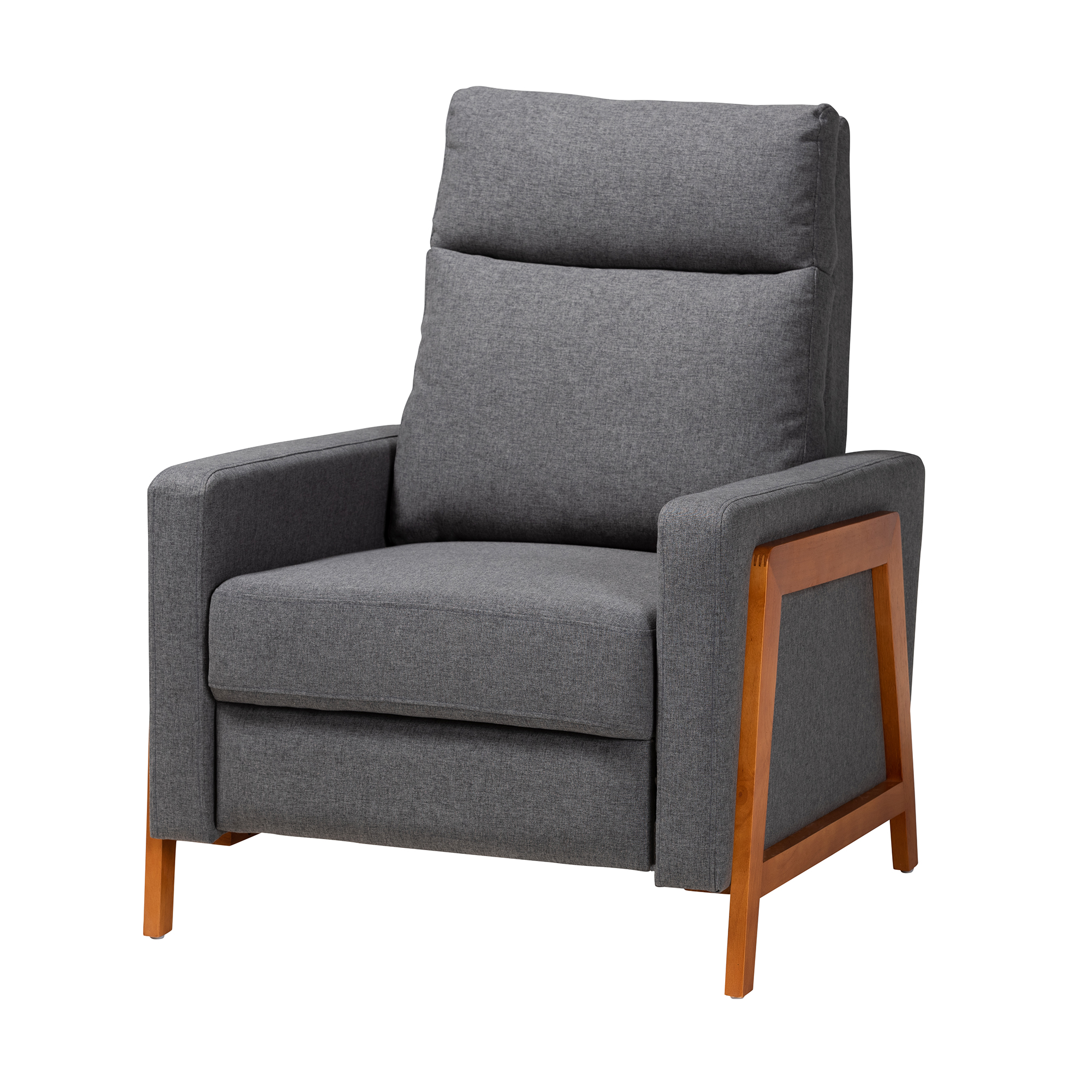 Baxton Studio Halstein Mid-Century Modern Grey Fabric and Walnut Brown Finished Wood Lounge Chair Affordable modern furniture in Chicago, classic living room furniture, modern chair, cheap accent chairs